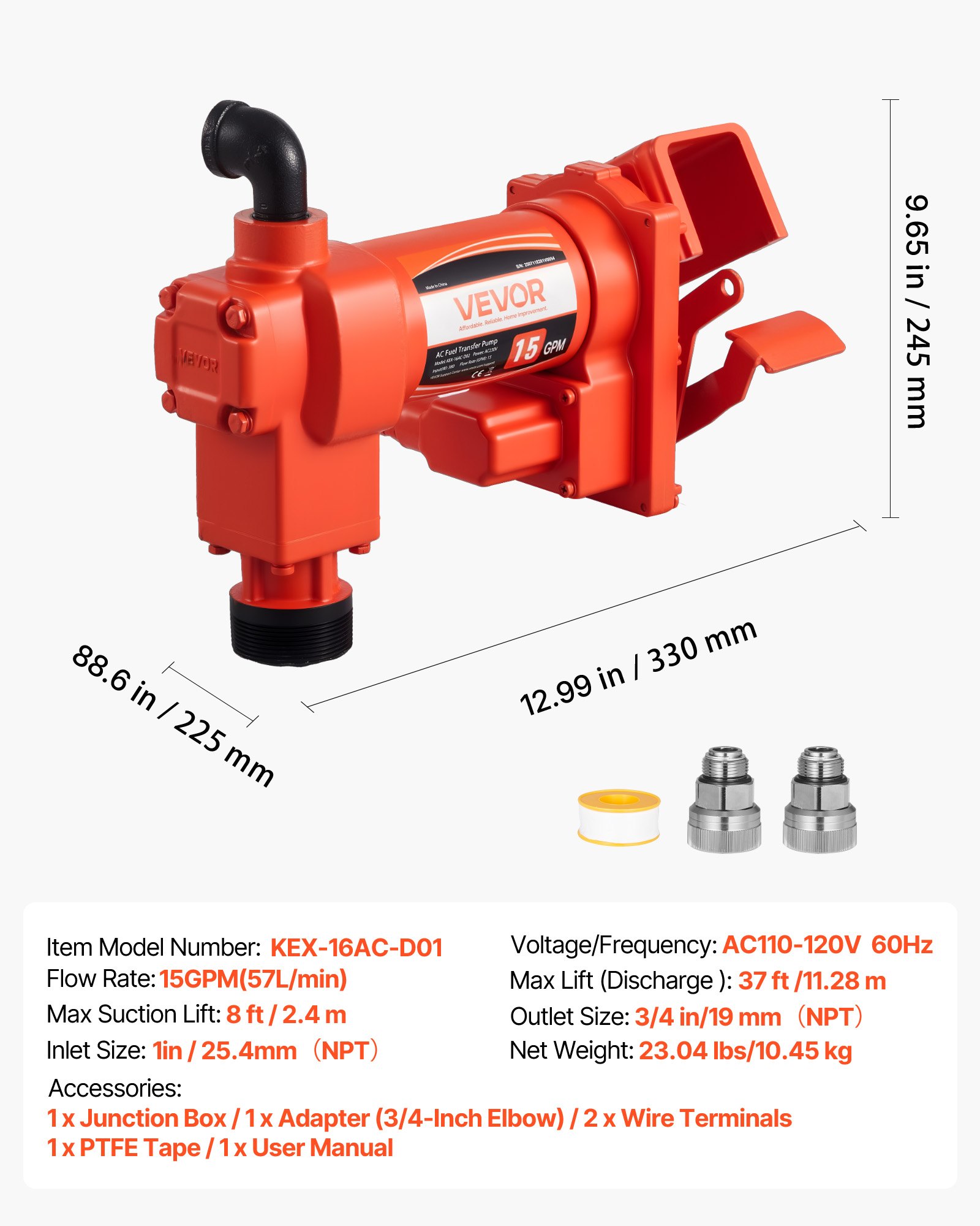VEVOR Kraftstoff-Transferpumpe, 230 V AC, elektrische Diesel-Transferpumpe, 57 l/min, maximale Saughöhe 2,4 m, maximale Förderhöhe 11,28 m, für Benzin, Kerosin, Biodiesel, Ethanol