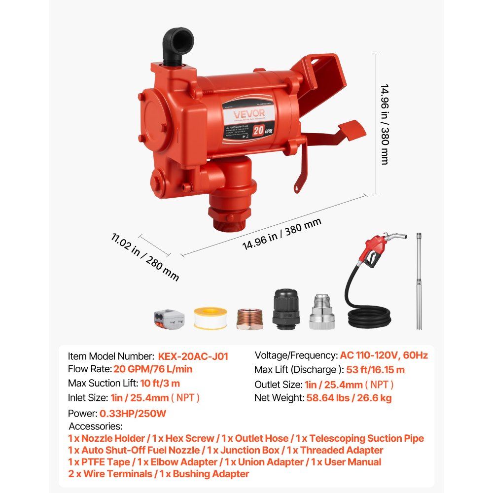 VEVOR Kraftstofftransferpumpe, 230V AC, elektrische Diesel-Transferpumpe, 76l/min, mit automatischer Abschaltung der Kraftstoffdüse, Förderschlauch, für Benzin, Kerosin, Biodiesel, Ethanol-Gemisch