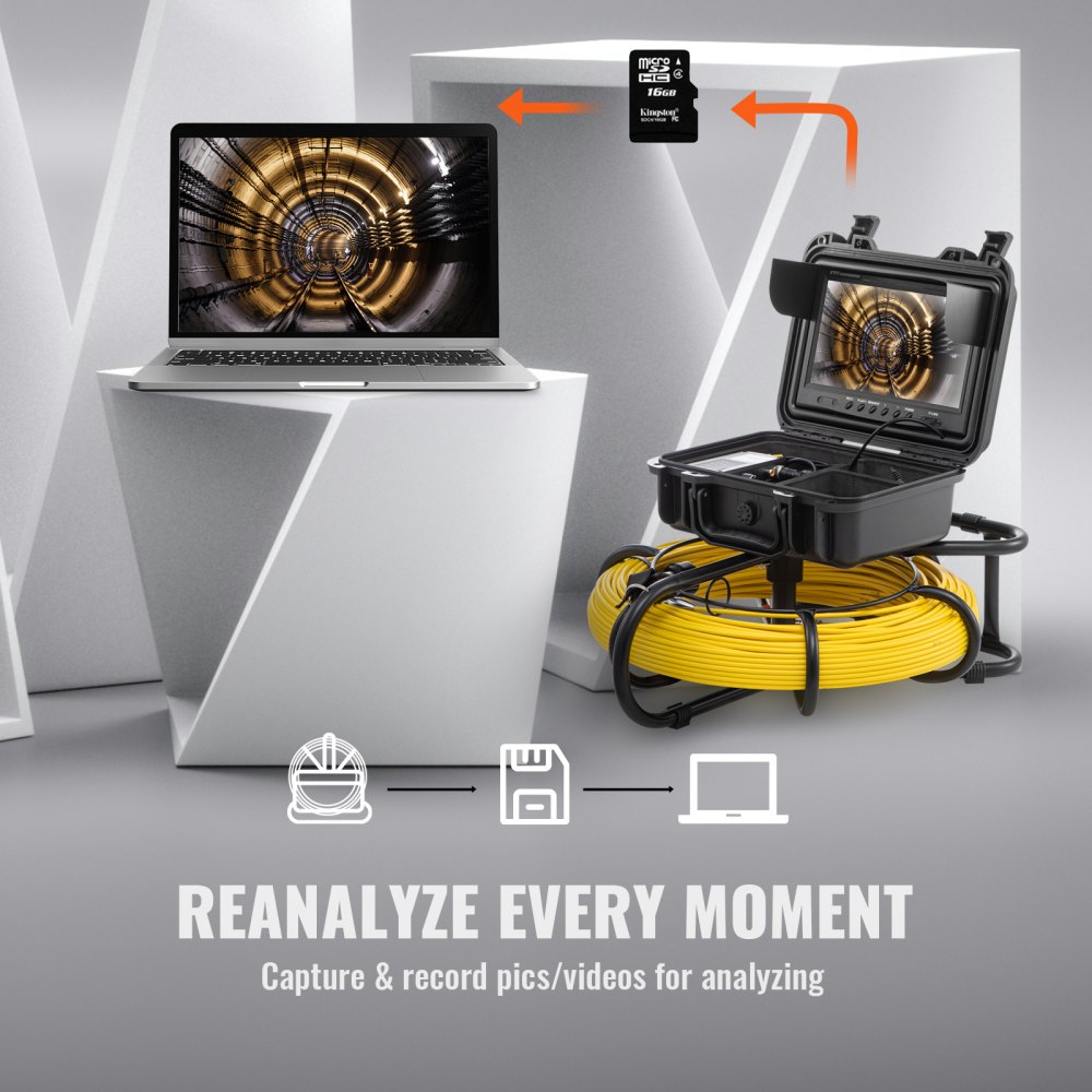 VEVOR Sewer Camera, 91.5 m, 23 cm Screen, Pipe Inspection Camera with DVR Function, IP68 Camera with 12 Adjustable LEDs, with a 16 GB SD Card for Sewer Lines, House, Sewer, Drain Pipe