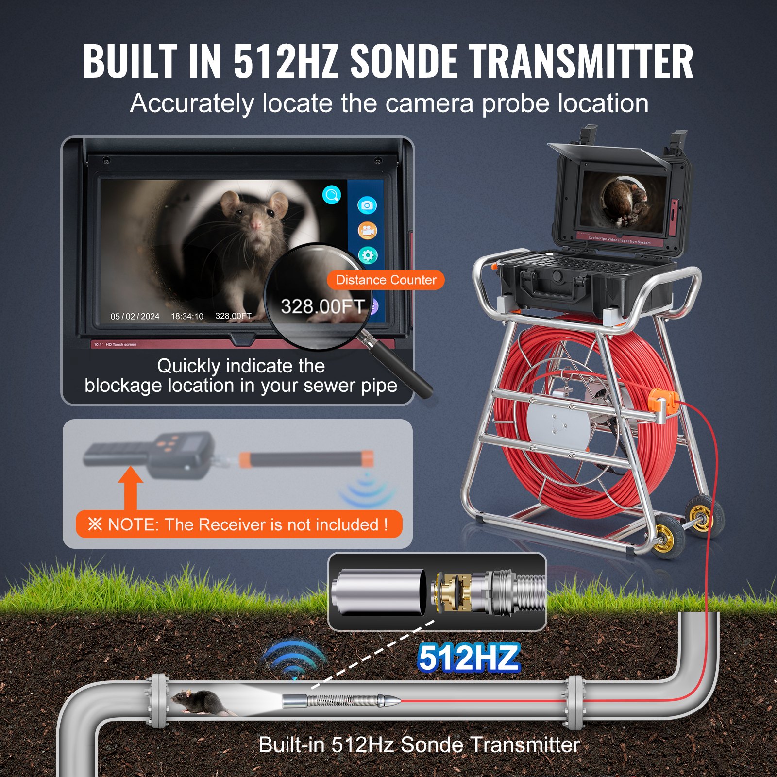 VEVOR Sewer Camera, 100 m, Self-Leveling Pipe Inspection Camera with 10.1-inch Touchscreen, 512 Hz Transmitter and Distance Counter, IP67 Pipe Camera with 12 LEDs and 32 GB Card, Endoscope for Sewer Pipes
