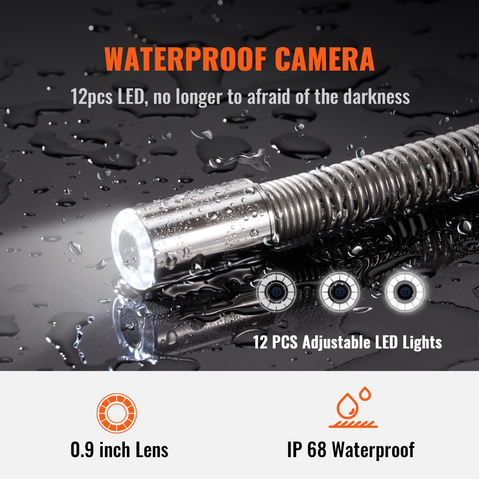 VEVOR Sewer Camera, 70 m, 23 cm Screen, Pipe Inspection Camera with DVR Function, IP68 Camera with 12 Adjustable LEDs, with 16 GB SD Card, for Sewer Lines, House, Sewer, Drain Pipe