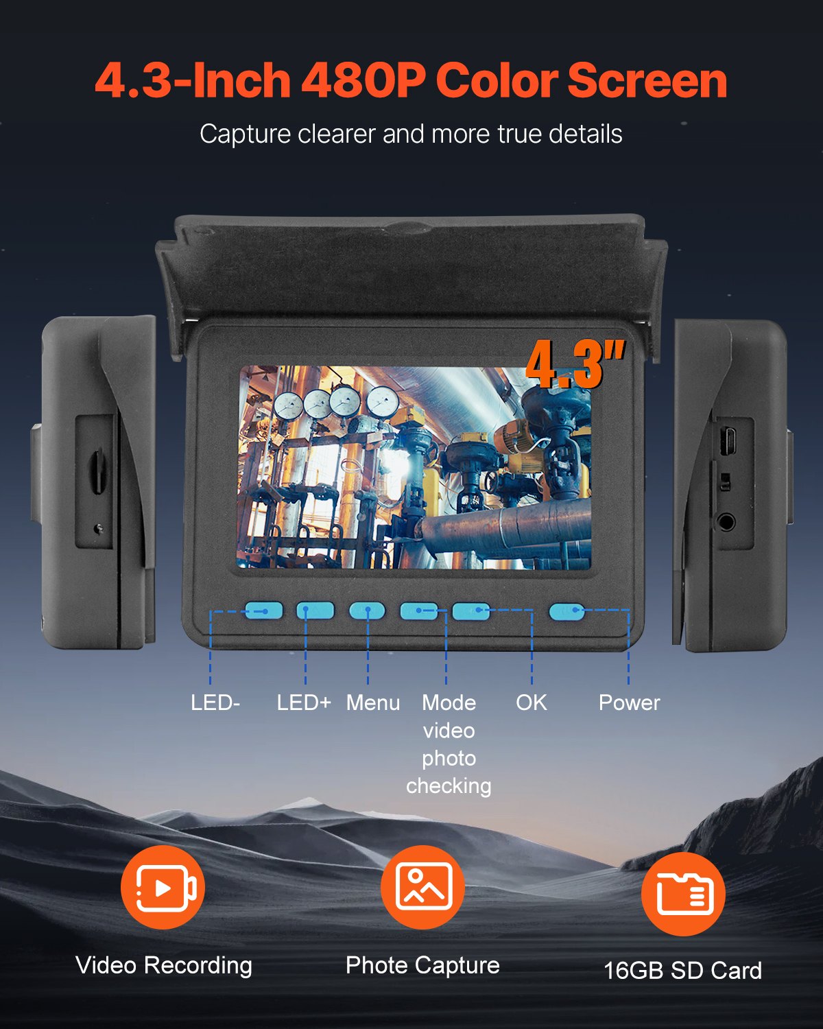 VEVOR Kanalkamera, 30 m, 4,3-Zoll-Kanalkamera mit 6 einstellbaren LEDs, 16 GB-Karte