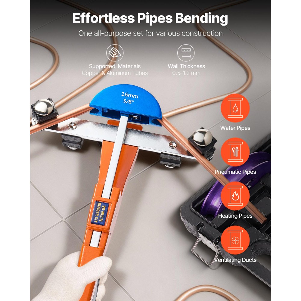 VEVOR Rohrbiegegerät, 6-22 mm, Rohrbieger bis 90°, Vorwärts, Biegemaschine mit 7 farbigen Aluminiumlegierungs-Backen, HLK-Werkzeuge, für Kupferrohre in HLK-Anlagen, Klimaanlagen & Kältetechnik