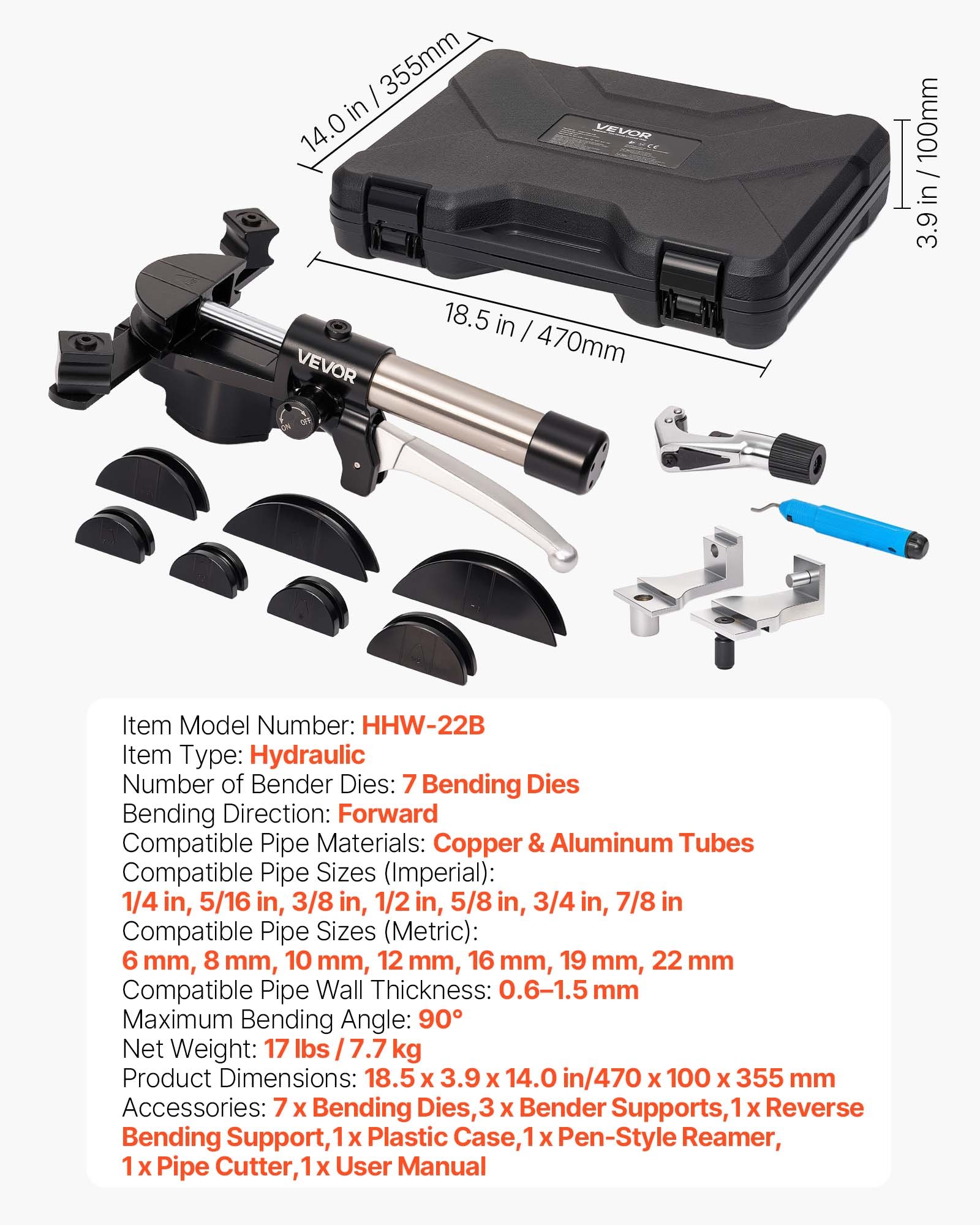VEVOR Hydraulic Tubing Bender Kit, 6 mm to 22 mm, Copper Tube Pipe Bender, Forward/Reverse HVAC Bending Tool Set, with 7 Aluminium Alloy Dies, for HVAC Air Conditioning Refrigeration Automotive Repair