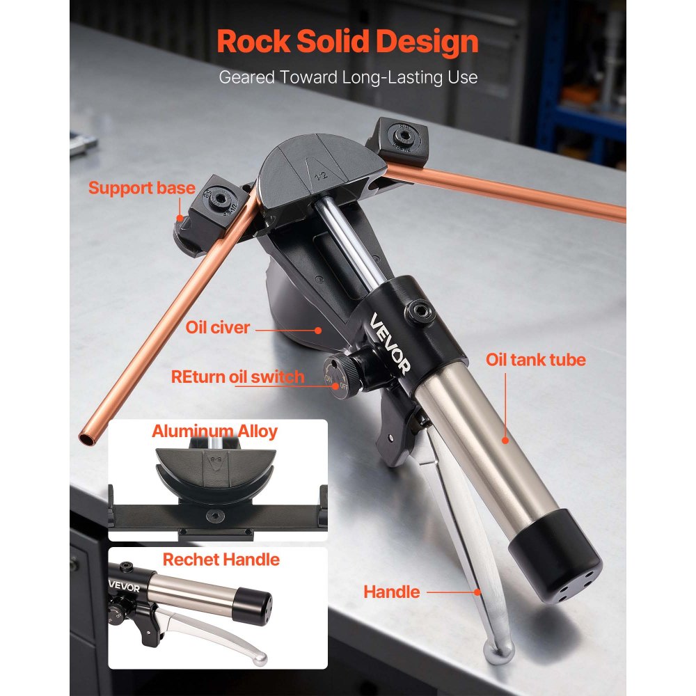 VEVOR Rohrbiegegerät Hydraulisch, 6-22 mm, Biegemaschine, 90°-Biegung, Rohrbieger mit 7 Aluminiumlegierungs-Biegebacken, für Reparaturen in der Klimatechnik, Kältetechnik & Kfz-Branche