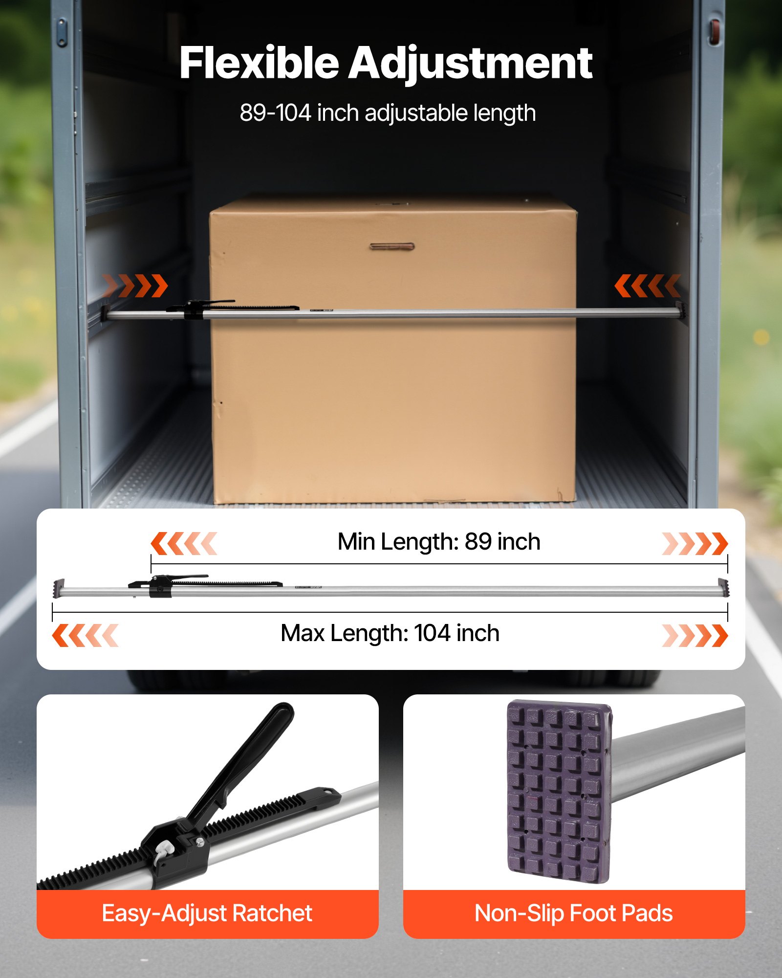 VEVOR 2 x Cargo Bar Ratschen Ladestange verstellbar 2261-2641 mm, Ladeflächenstange Ladestabilisator aus Stahl mit rutschfesten Fußpolstern, ausziehbare Stützstange für Pickup Trucks SUV Minivan