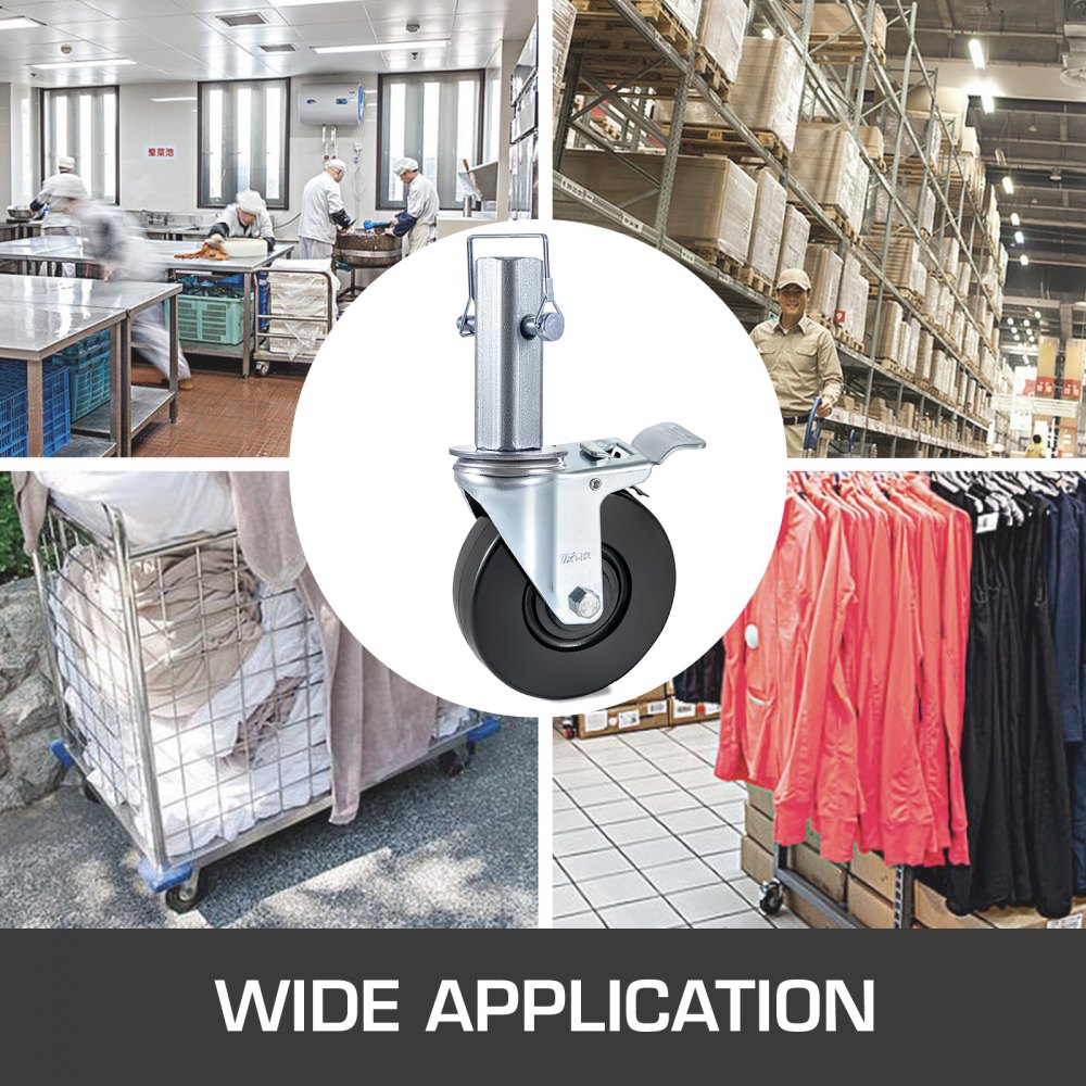 VEVOR Lenkrollen aus Polyurethan, Eisenkern 12,7 cm, Lenkstangenrollen mit Doppelfeststellbremse, Stellfüße, Tragkraft 200 kg pro Rad Industrierollen Schwerlastrollen Transportrollen