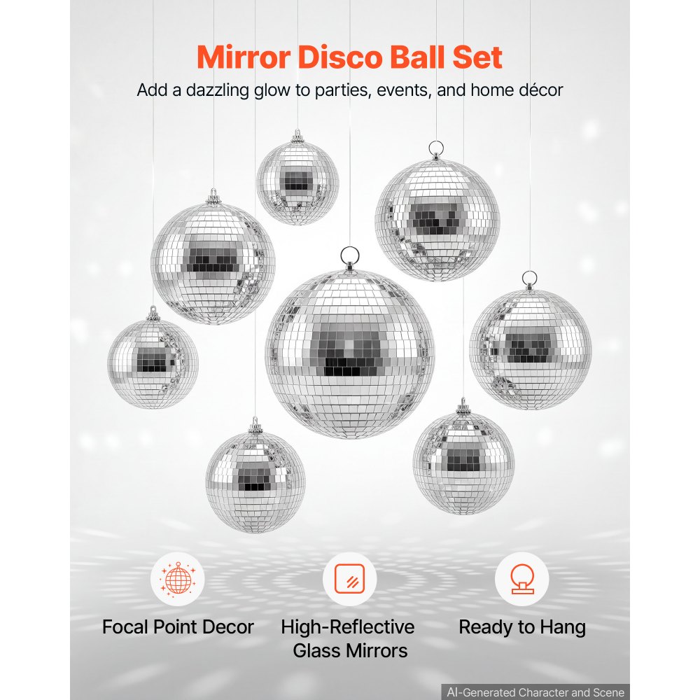 VEVOR Spiegelkugel Discokugel Mirrorball 100/150/200 mm 8er-Pack Hängerring, für Party- & Heimdekoration DJ Tanzclub, Equipment für Lichteffekte & Partybeleuchtung, 360°-Reflexion, Wiederverwendbar