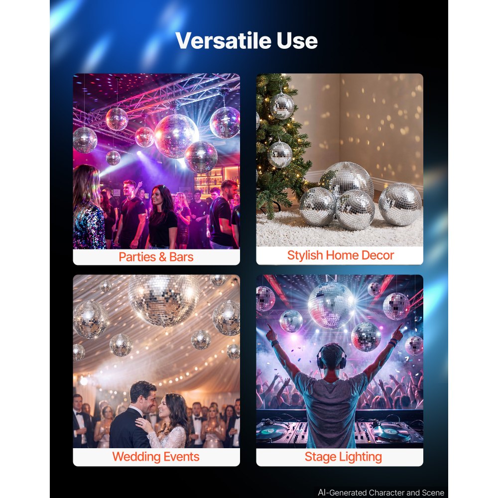 VEVOR Spiegelkugel Discokugel Mirrorball 100/150/200 mm 8er-Pack Hängerring, für Party- & Heimdekoration DJ Tanzclub, Equipment für Lichteffekte & Partybeleuchtung, 360°-Reflexion, Wiederverwendbar