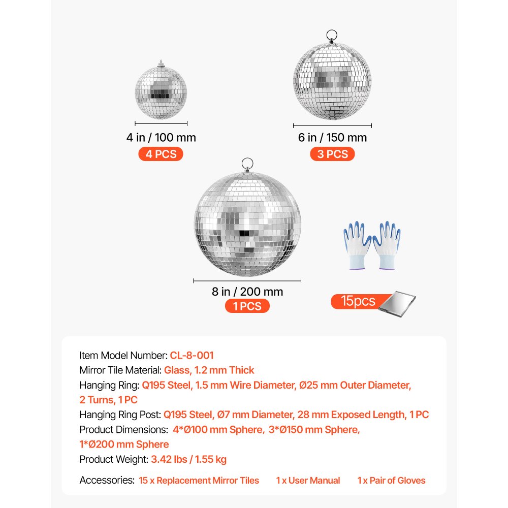 VEVOR Spiegelkugel Discokugel Mirrorball 100/150/200 mm 8er-Pack Hängerring, für Party- & Heimdekoration DJ Tanzclub, Equipment für Lichteffekte & Partybeleuchtung, 360°-Reflexion, Wiederverwendbar