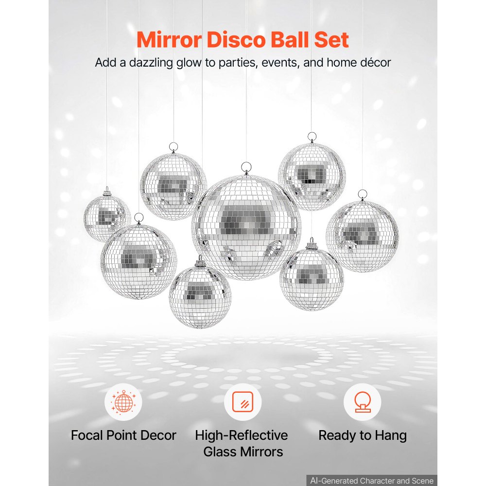 VEVOR Spiegelkugel Discokugel Mirrorball 10/15/20/30 cm 8 Stk. Aufhängering, für Party- & Heimdekoration DJ Tanzclub, Equipment für Lichteffekte & Partybeleuchtung, 360°-Reflexion, Wiederverwendbar