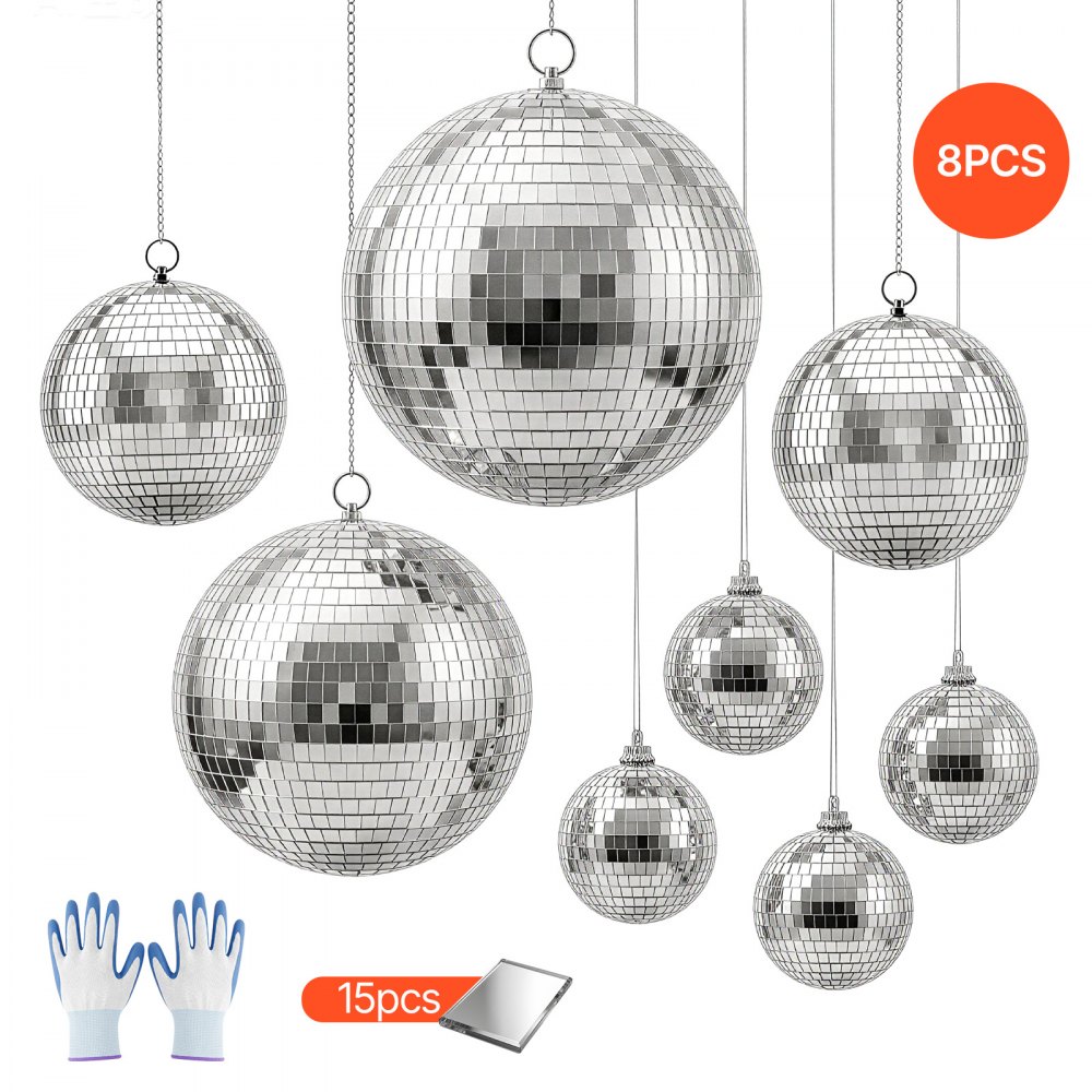 VEVOR Spiegelkugel Discokugel Mirrorball 10/15/20/30 cm 8 Stk. Aufhängering, für Party- & Heimdekoration DJ Tanzclub, Equipment für Lichteffekte & Partybeleuchtung, 360°-Reflexion, Wiederverwendbar