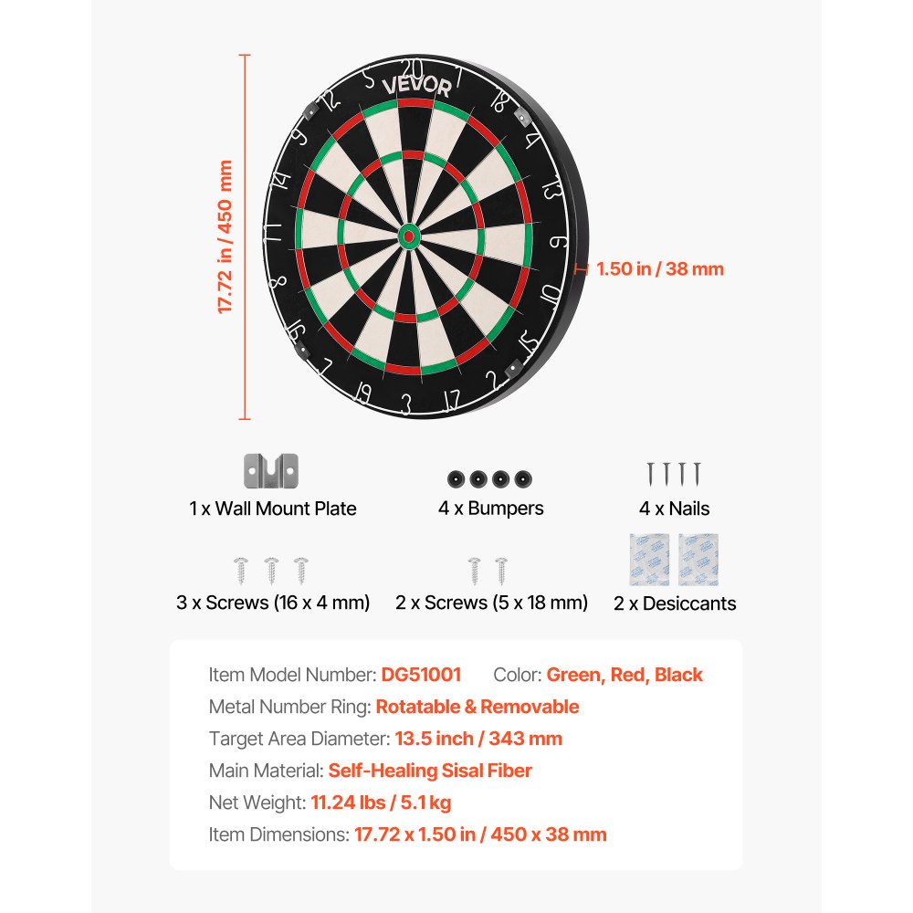 VEVOR Dartscheibe 450 mm, Sisalfaser-Dartboard mit klammerfreiem Bullseye, Blade-Draht & drehbarem Zahlenring, für Party- & Spielzimmer zu Hause (Darts nicht im Lieferumfang enthalten)