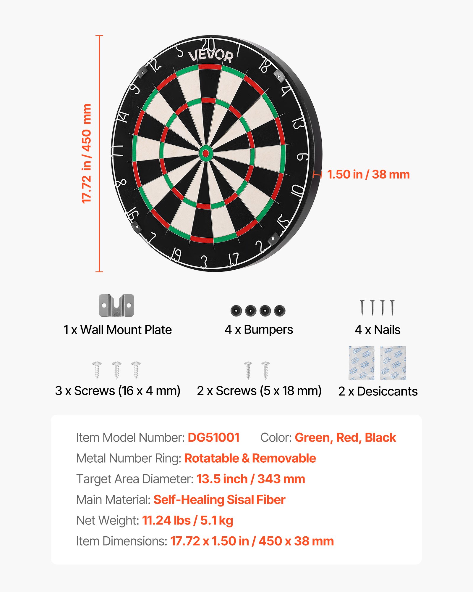 VEVOR Dartscheibe 450 mm, Sisalfaser-Dartboard mit klammerfreiem Bullseye, Blade-Draht & drehbarem Zahlenring, für Party- & Spielzimmer zu Hause (Darts nicht im Lieferumfang enthalten)