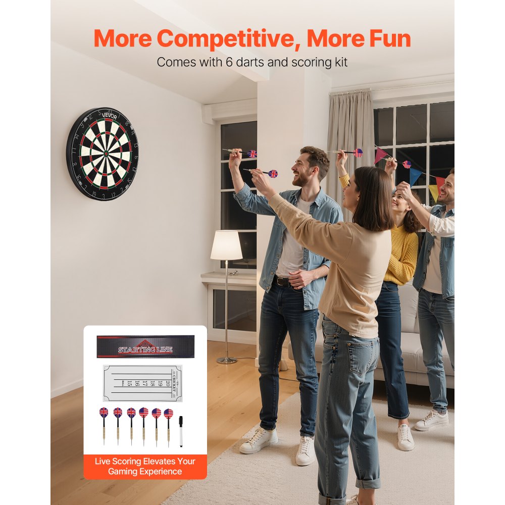 VEVOR Dartscheibe, mit 6 Dartpfeilen & Punktezähler, selbstheilendes Dartboard aus Sisalfasern mit klammerfreiem Bullseye & drehbarem Zahlenring, für Partys & Spielzimmer zu Hause