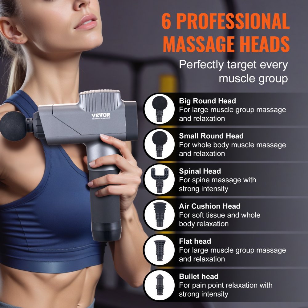 VEVOR Massage Gun, Massage Device for Athletes – with 8 speed levels and 6 massage heads, 35W 2500mAh batteries, electric massage gun for pain relief and muscle relaxation