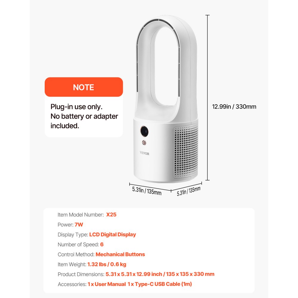 VEVOR Tischventilator ohne Flügel, 33 cm tragbarer Ventilator, 6-Gang-USB-Kühler, leiser Turmventilator mit Tastensteuerung, LCD-Digitalanzeige, für Schlafzimmer (Batterie NICHT enthalten)