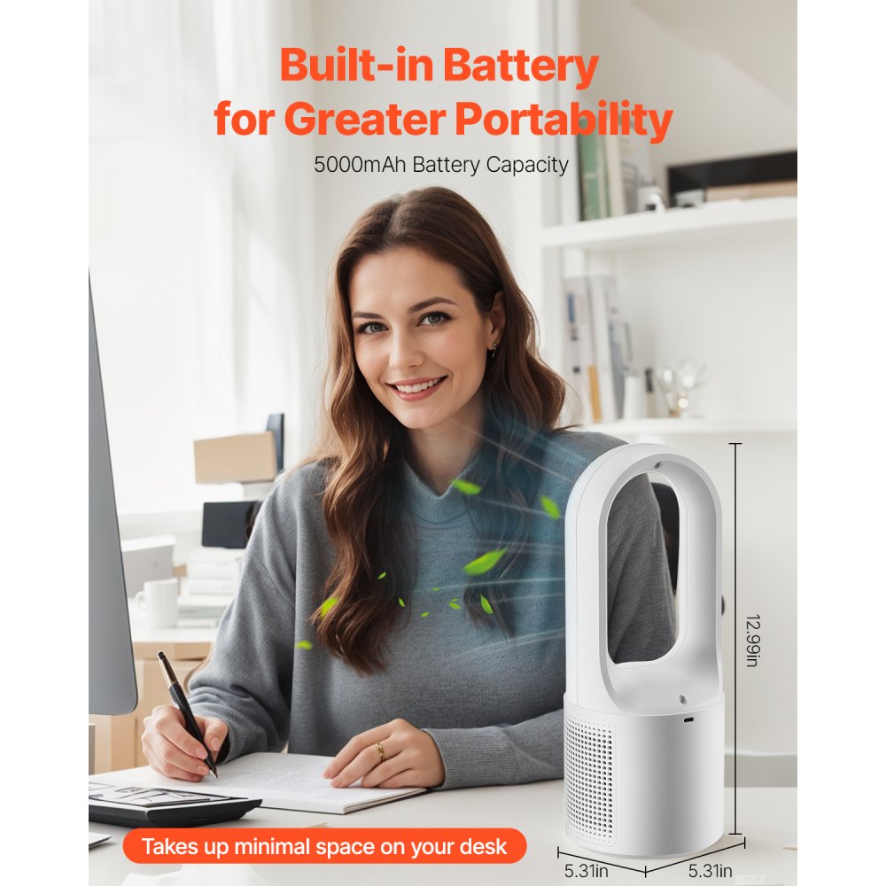 VEVOR Bladeless Table Fan, Portable 330mm Fan, 6-Speed USB Cooler, Quiet Small Tower Fan with Rechargeable Battery, Child Friendly, for Bedroom, Office, Home