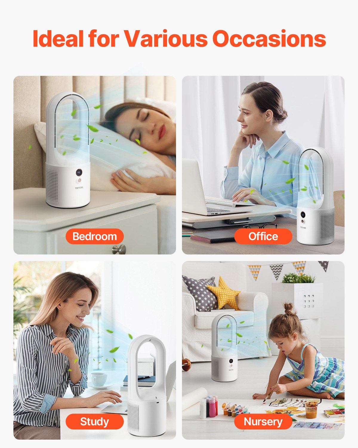 VEVOR Tischventilator ohne Flügel, tragbarer 330 mm Ventilator, 6-Gang-USB-Kühler, leiser kleiner Turmventilator mit wiederaufladbarem Akku, kinderfreundlich, für Schlafzimmer, Büro, Zuhause