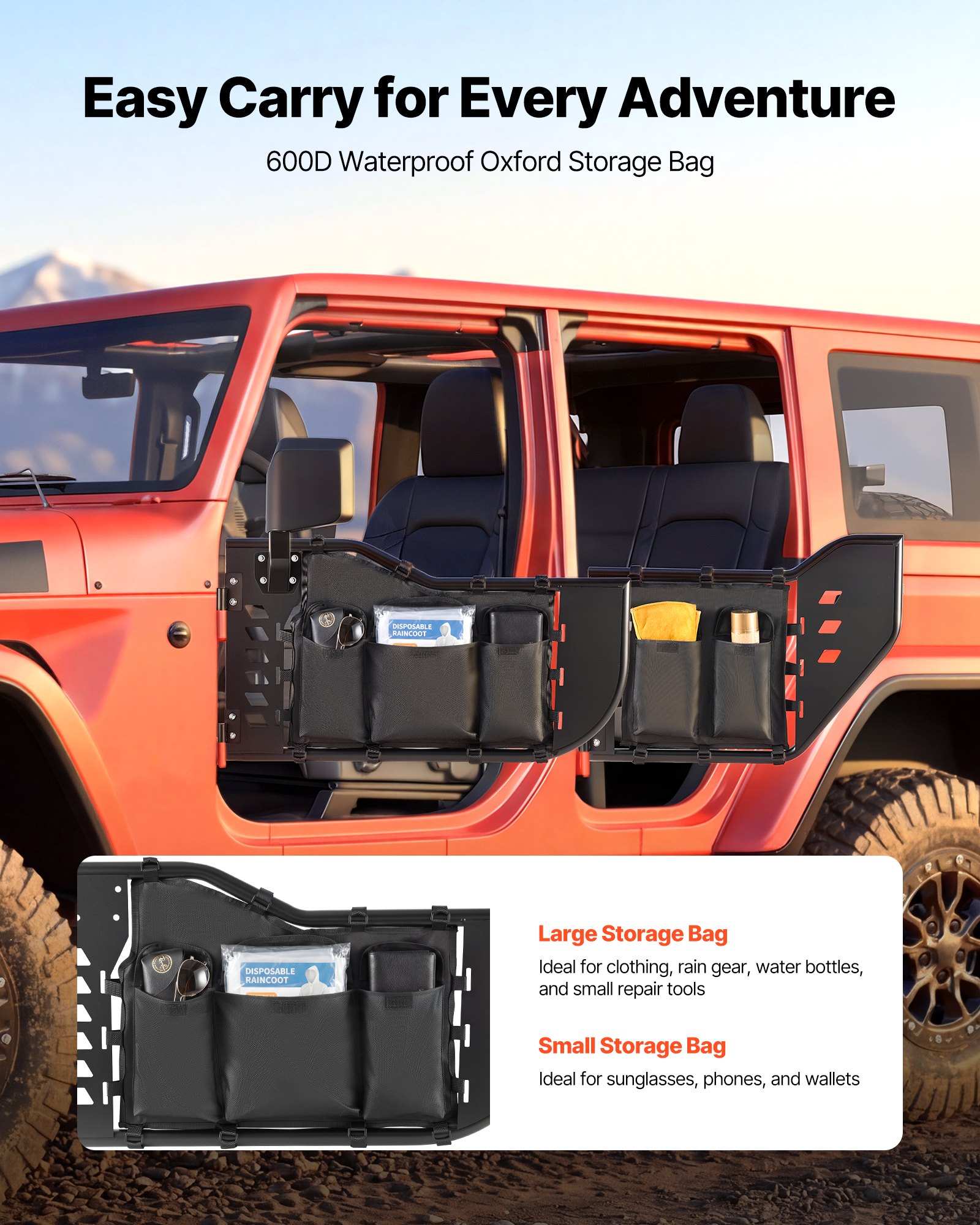 VEVOR Röhrentüren 4-türig, Kompatibel mit Jeep Wrangler JL (18–26) & Gladiator JT (20–26), Offroad-Halbtüren aus Stahl (Vorne & Hinten) mit DOT-zertifizierten Außenspiegeln Seitentaschen Schwarz