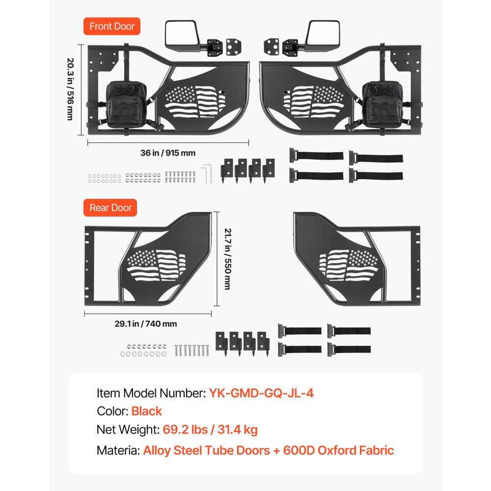VEVOR Röhrentüren 4-türig, Kompatibel mit Jeep Wrangler JL 18–26 & Gladiator JT 20-26, Offroad-Halbtüren aus Stahl (im Flaggenmuster) mit DOT-zertifizierten Außenspiegeln Aufbewahrungstasche Schwarz