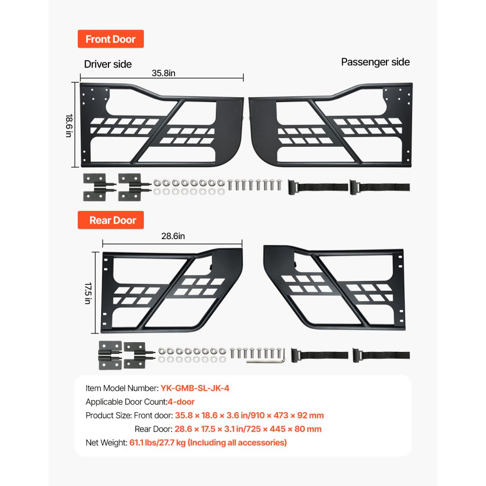 VEVOR Jeep hunting-style tubular doors (4-door) with heavy-duty hinges and OE locking mechanism, Jeep doors with rubber padding and hardened steel tubing, fits Jeep Wrangler JK 2007-2018