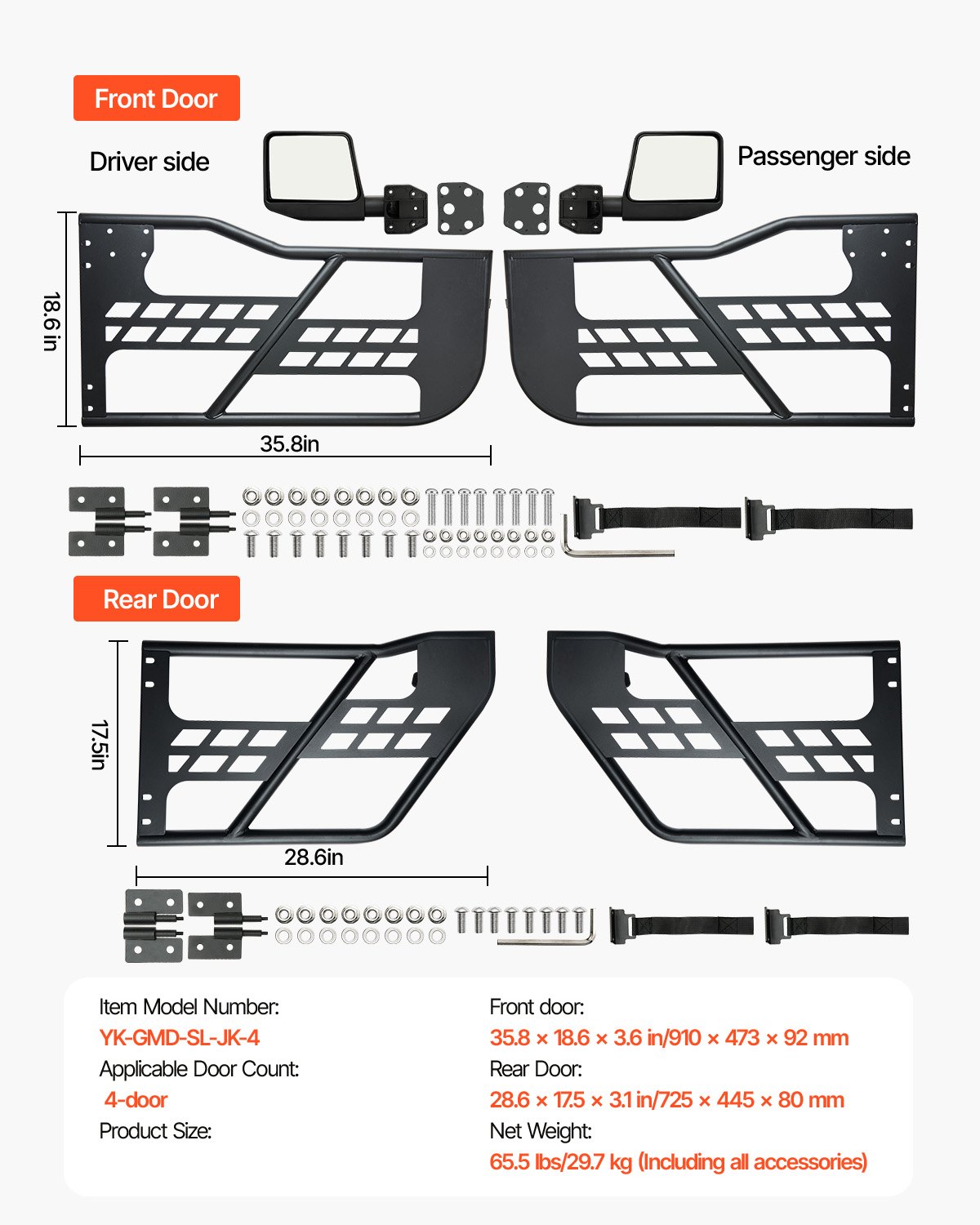 VEVOR Jeep-Rohrtüren (4-türig) im Jagdstil mit DOT-zertifizierten Seitenspiegeln, Jeep-Türen mit Gummipolstern und gehärtetem Stahlrohr, passend für Jeep Wrangler JK 2007–2018