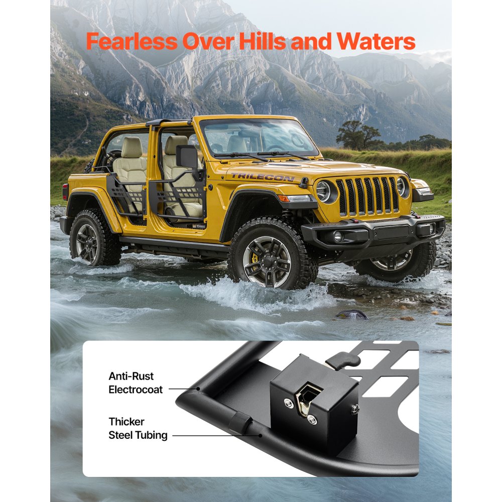 VEVOR Jeep tubular doors made of reinforced steel tubing (4-door) in hunting style with DOT-certified side mirrors. Jeep doors for 2018-2024 Jeep Wrangler JL and 2020-2024 Jeep Gladiator JT.