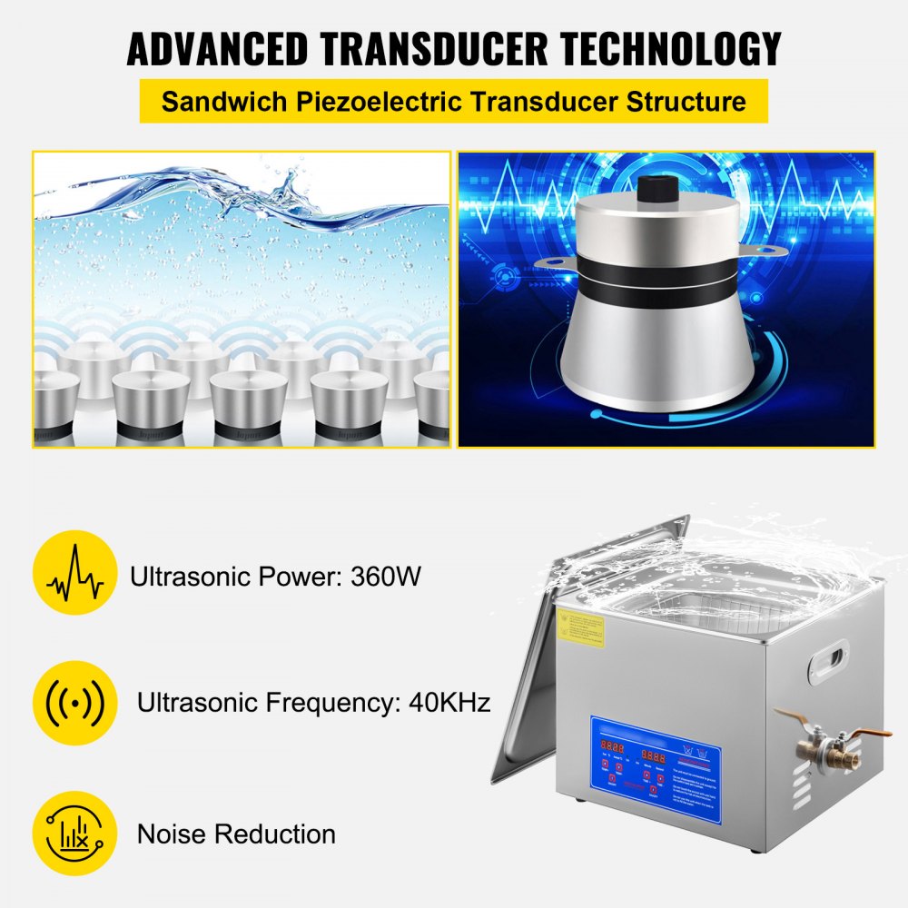 VEVOR 15L Ultrasonic Cleaning Machine with Heater 360W Stainless Steel Ultrasonic Cleaner Ultrasonic Bath Ultrasonic Cleaning Device for Glasses Jewelry Dentures Coins etc.