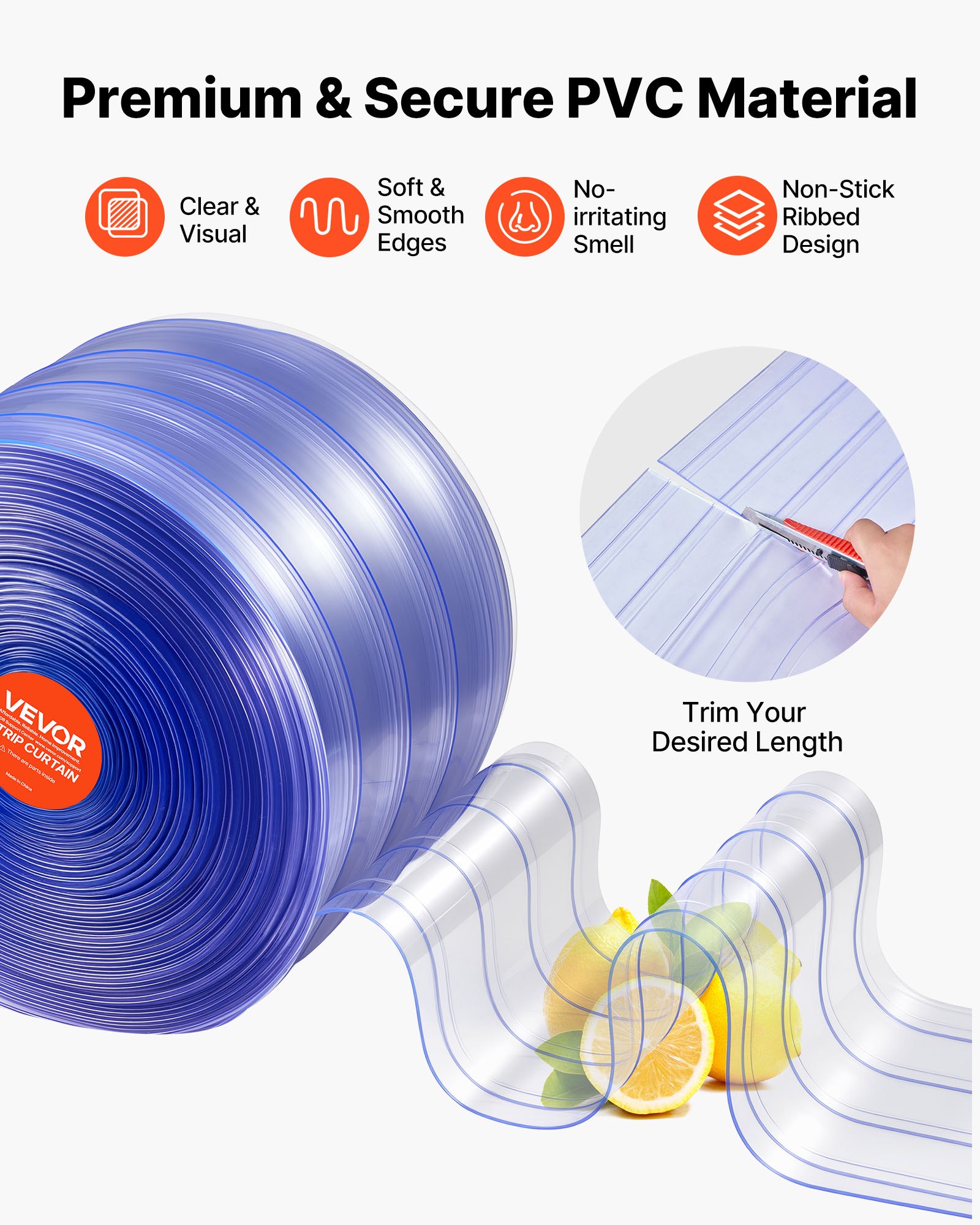 VEVOR Streifenvorhang, 150' Länge, 8" Breite, 0,08" Dicke, durchsichtige gerippte Kunststoff-Türstreifen, PVC-Streifenvorhang-Tür-Großrolle für Lagerhallen, Fabriken, Supermärkte, Einkaufszentren, Hallen, Garagen