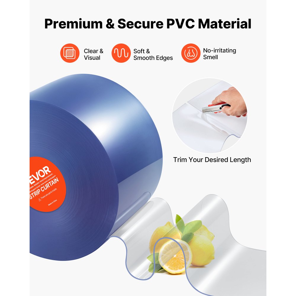 VEVOR Streifenvorhang, 150' Länge, 8" Breite, 0,08" Dicke, klare, glatte Kunststoff-Türstreifen, PVC-Vorhangstreifen-Tür-Großrolle für Lagerhallen, Fabriken, Supermärkte, Einkaufszentren, Hallen, Garagen