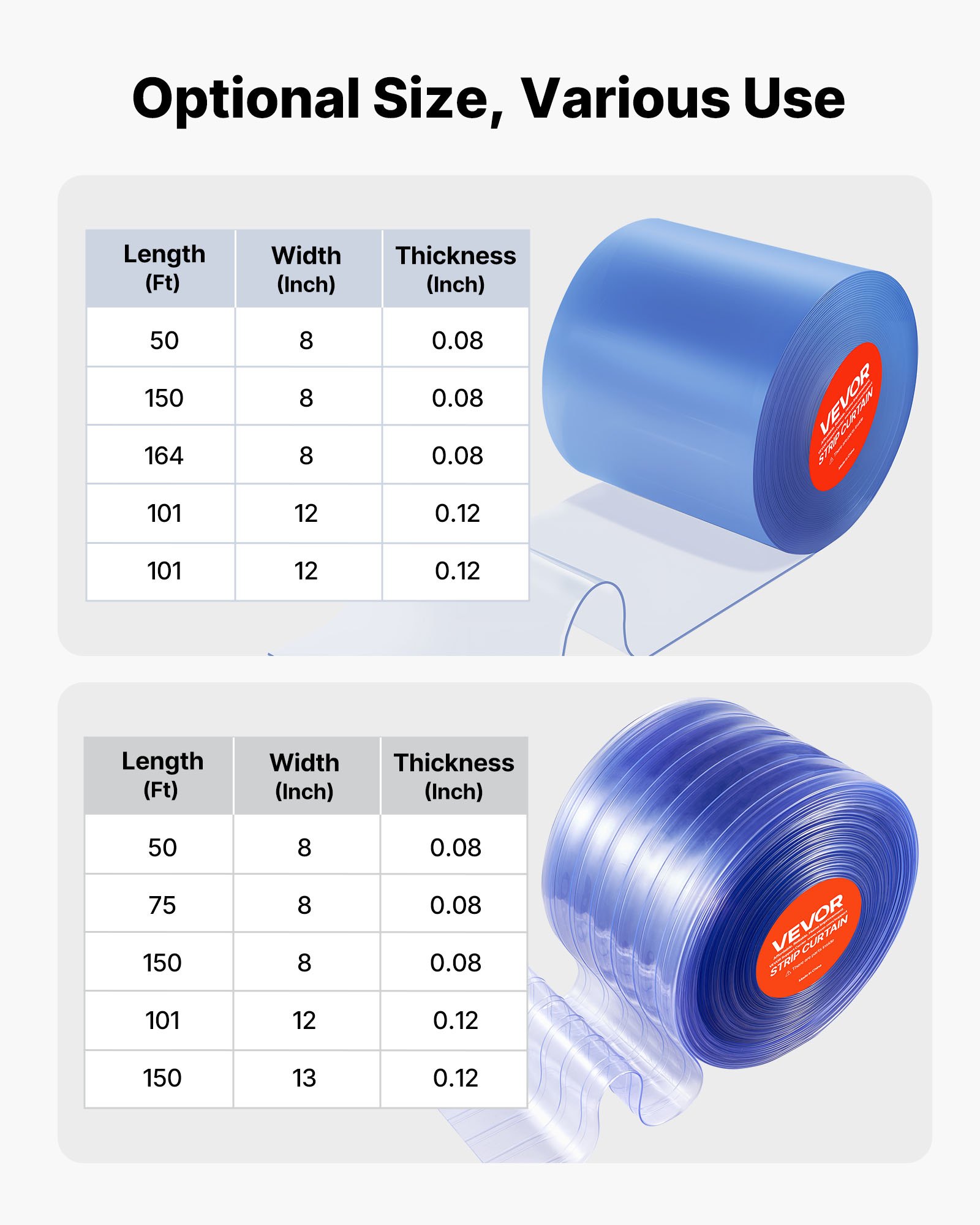 VEVOR Streifenvorhang, 150' Länge, 8" Breite, 0,08" Dicke, klare, glatte Kunststoff-Türstreifen, PVC-Vorhangstreifen-Tür-Großrolle für Lagerhallen, Fabriken, Supermärkte, Einkaufszentren, Hallen, Garagen