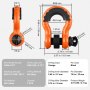 VEVOR D-Ring-Schäkel, orange, 9500 lbs-Grenze, Abmessungen und Spezifikationen im Diagramm hervorgehoben.