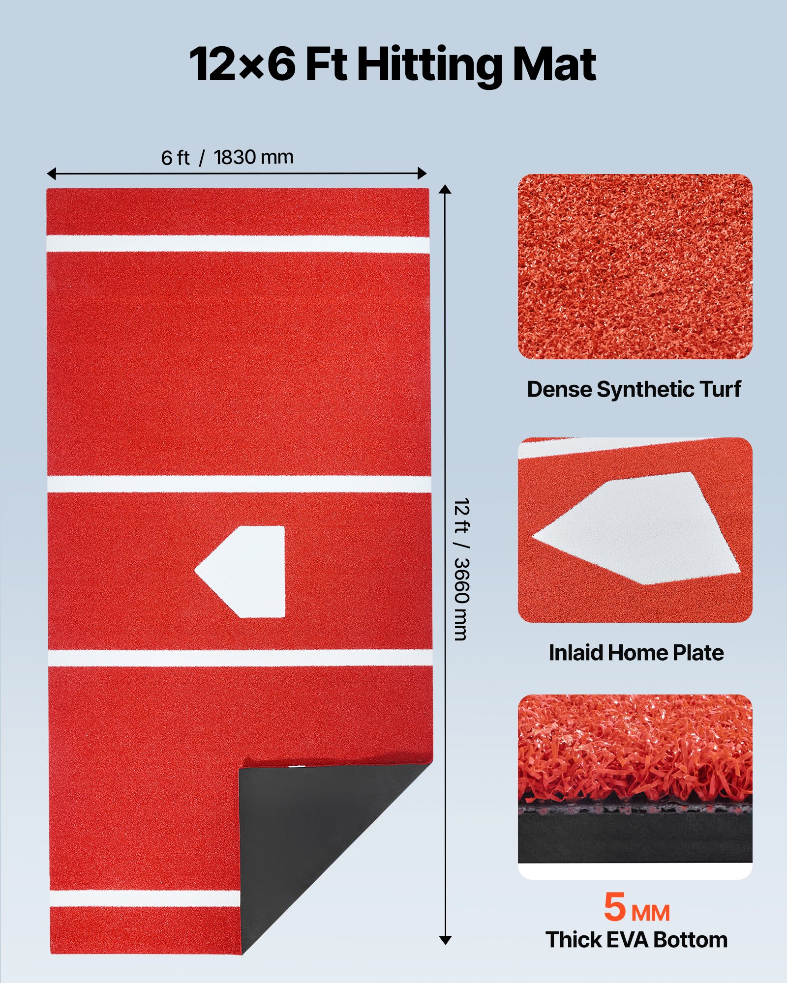 VEVOR Baseball-Schlagmatte Trainingsmatte (366 x 183 cm) Trainingspad Schlagkäfigmatte, Baseballmatte mit Home Plate &  Anti-Fade-Rasen, tragbare Trainingshilfe Softballmatte Outdoor, Rot