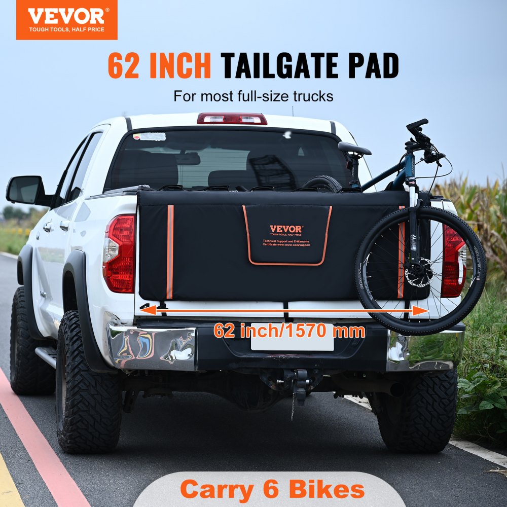 VEVOR Pickup Tailgate Pad 1570 mm, Truck Tailgate Pad for 6 Bicycles, 110 x 110 mm Grooved Bicycle Carrier for Wood, Ladders, etc. Tailgate Lever Protector with 2 Small Pockets