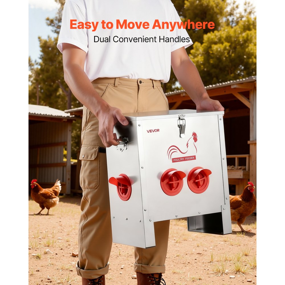 VEVOR Futterautomat Hühner, 11,34 kg, 6 Futteröffnungen, Geflügelfutterspender, automatische Schwerkraftbefüllung, Deckel mit Griffverriegelung, Metallkonstruktion, für Hennen/Enten/Geflügel