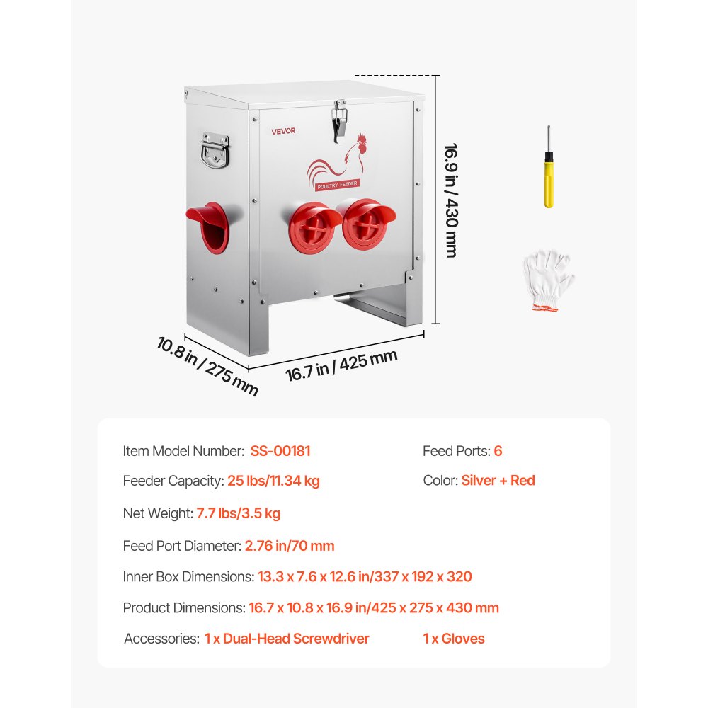 VEVOR Futterautomat Hühner, 11,34 kg, 6 Futteröffnungen, Geflügelfutterspender, automatische Schwerkraftbefüllung, Deckel mit Griffverriegelung, Metallkonstruktion, für Hennen/Enten/Geflügel