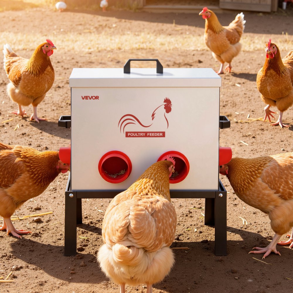 VEVOR Futterautomat Hühner, 18,14 kg, Geflügel Futterspender mit 6 Futteröffnungen, Verschluss & Griff, automatischer Hühnerfutterspender Metallkonstruktion, Hühnerzubehör für Hennen/Enten/Geflügel