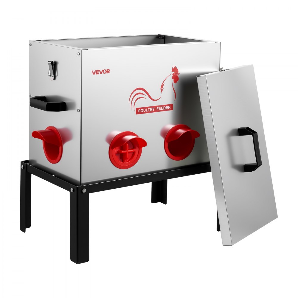 VEVOR Futterautomat Hühner, 18,14 kg, Geflügel Futterspender mit 6 Futteröffnungen, Verschluss & Griff, automatischer Hühnerfutterspender Metallkonstruktion, Hühnerzubehör für Hennen/Enten/Geflügel