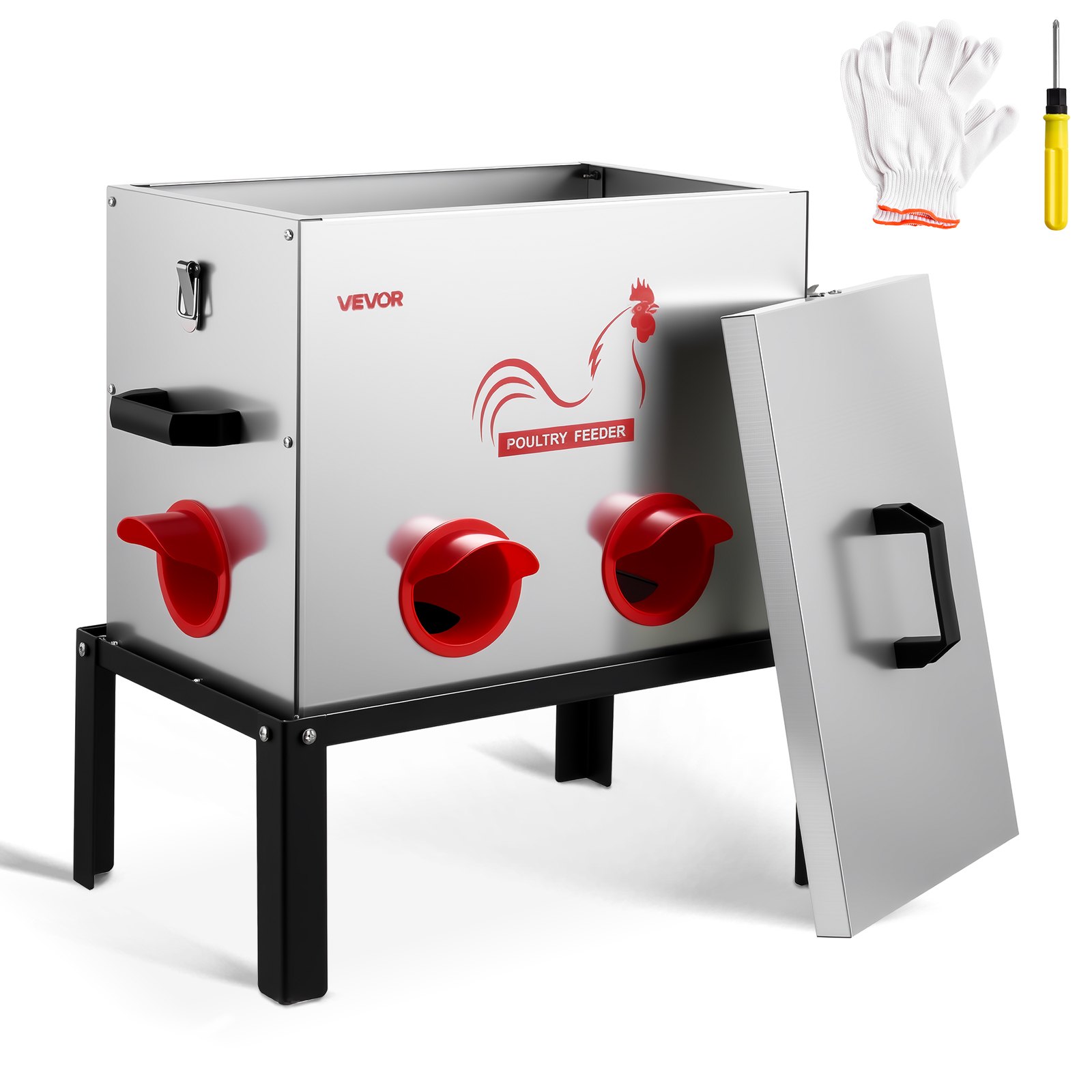 VEVOR Futterautomat Hühner, 18,14 kg, Geflügel Futterspender mit 6 Futteröffnungen, Verschluss & Griff, automatischer Hühnerfutterspender Metallkonstruktion, Hühnerzubehör für Hennen/Enten/Geflügel