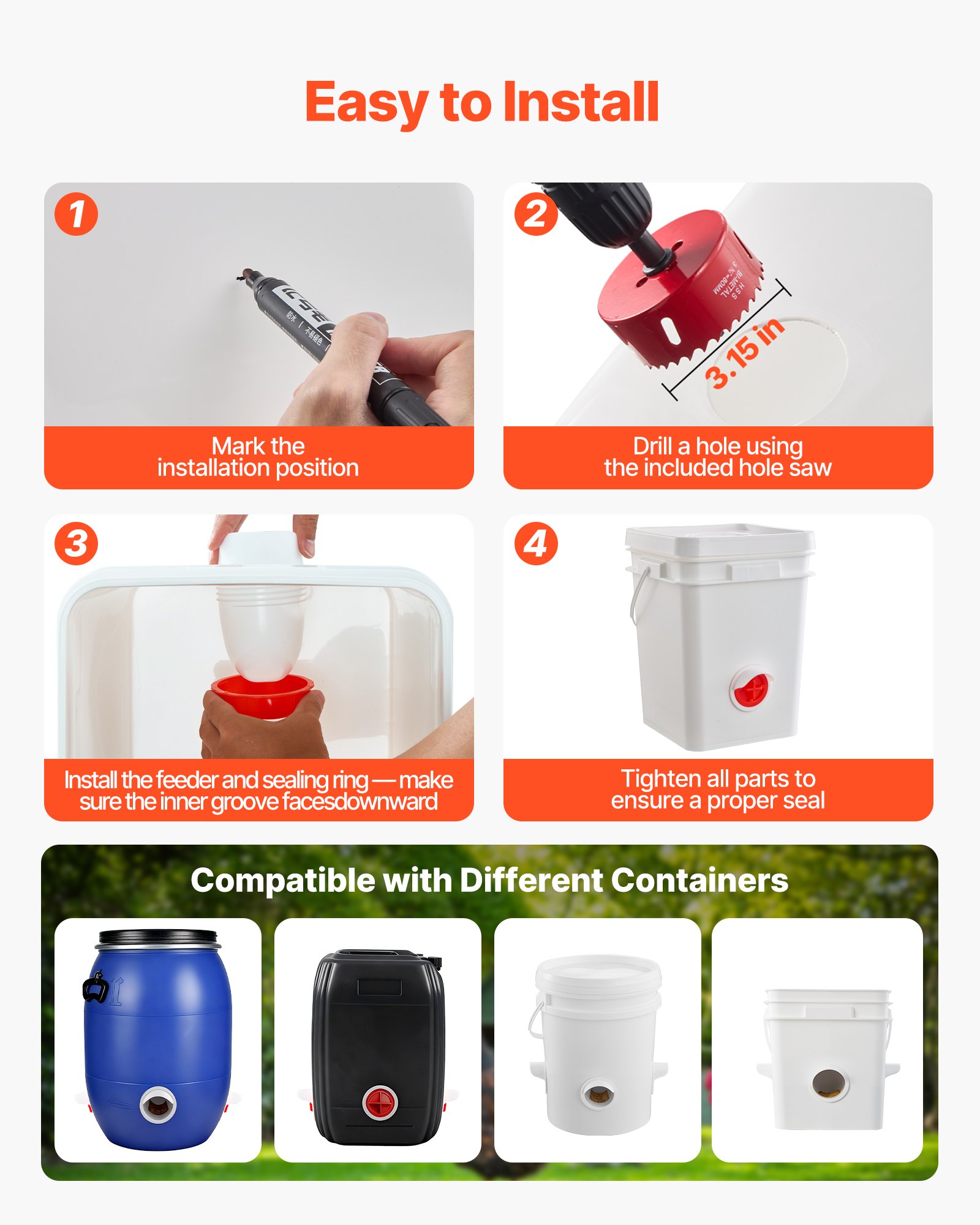 VEVOR DIY Futterautomat Hühner, 4x Futteröffnungen, abfallfreier Geflügelfutterspender mit Deckel, robuster Stahllochsäge, Gummidichtungsring, Ideal für Eimer, Fässer, Behälter & Tröge