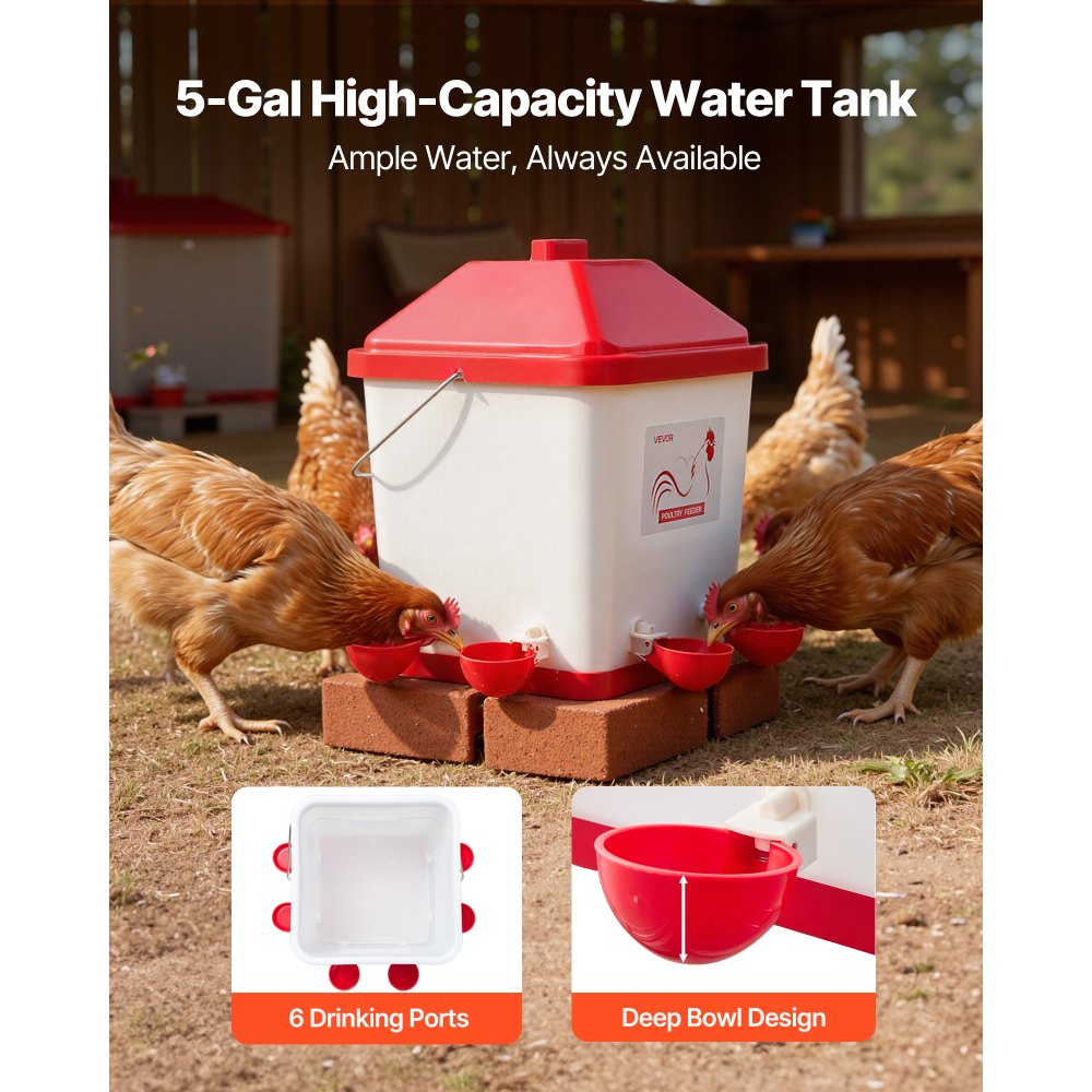VEVOR Hühnertränke 19 L, Automatische Geflügeltränke mit 6 Wassernäpfen, Wasserspender, Schwerkrafttränke mit Griff & Dichtungsring, wasserdichtes PP-Material, verlustfreies Design, für Hühner