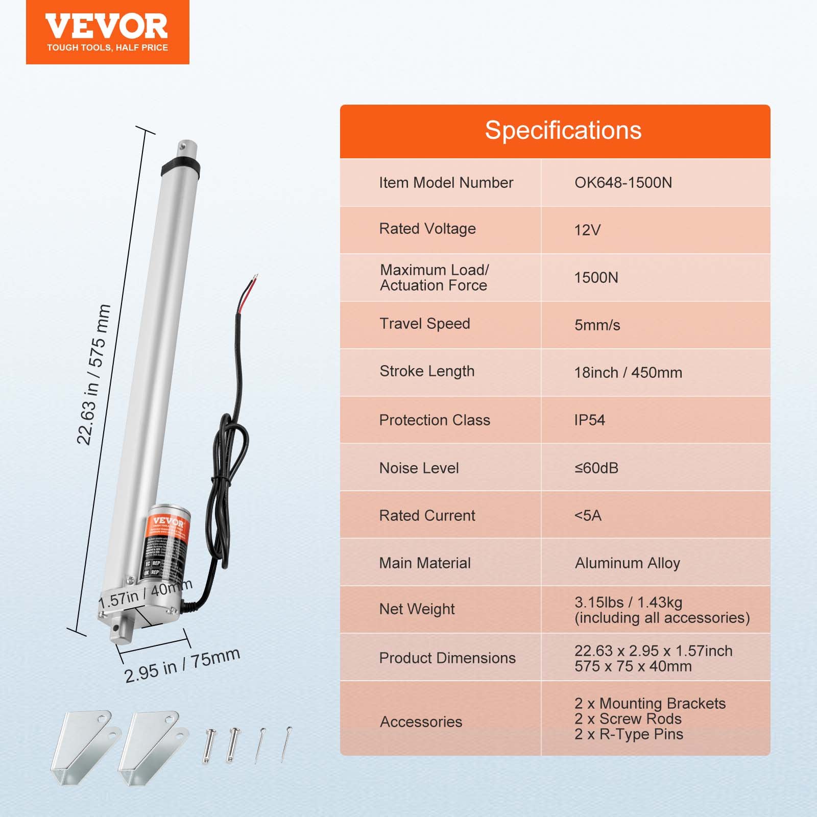 VEVOR 1500N Linear Actuator DC 12V Linearantrieb IP54 Elektrischer Linearmotor 450mm Hublänge Geräuschpegel ≤60dB Elektrische Türöffner 5mm/s Fahrgeschwindigkeit Lineartechnik Verstellantrieb