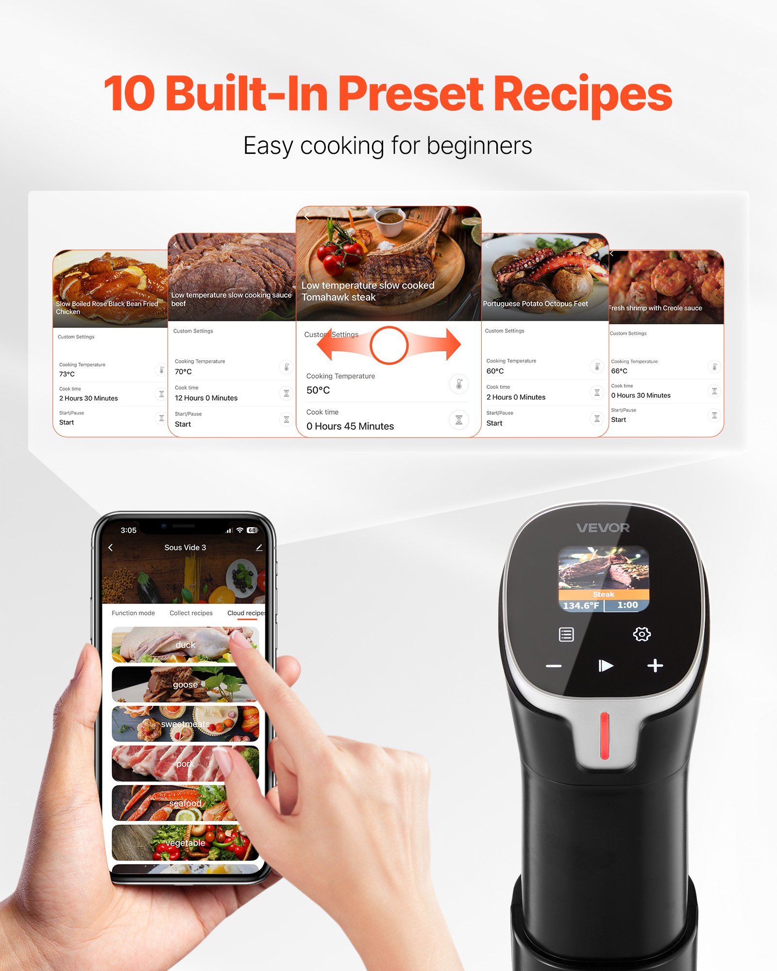 VEVOR Sous-Vide Stick, 1100 W Sous-Vide Garer , WLAN-Tauchzirkulator mit 10 voreingestellten Rezepten, LCD-Touchscreen, Präzisionskocher, genaue Temperatur & Timer, App-Steuerung