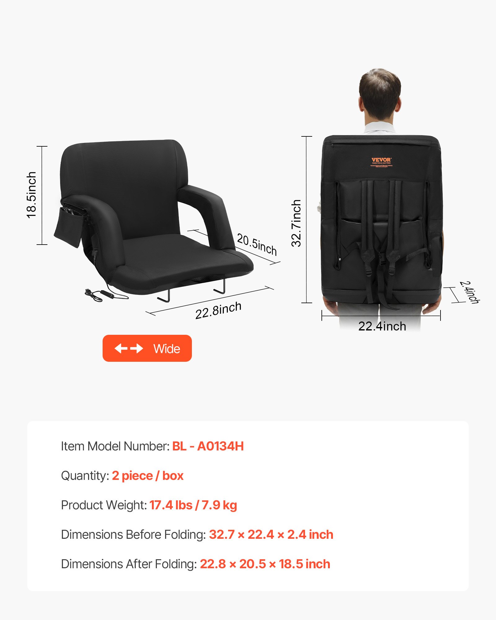 VEVOR Double Heated Stadium Seat with Backrest, 3-Stage Heated Wide Grandstand Seat, Foldable Portable Padded Recliner with Hook Pocket and Drink Holder