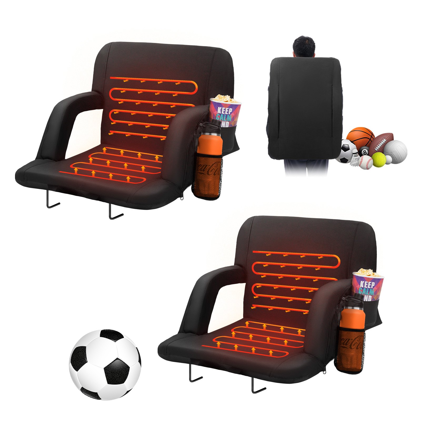 VEVOR Double Heated Stadium Seat with Backrest, 3-Stage Heated Wide Grandstand Seat, Foldable Portable Padded Recliner with Hook Pocket and Drink Holder