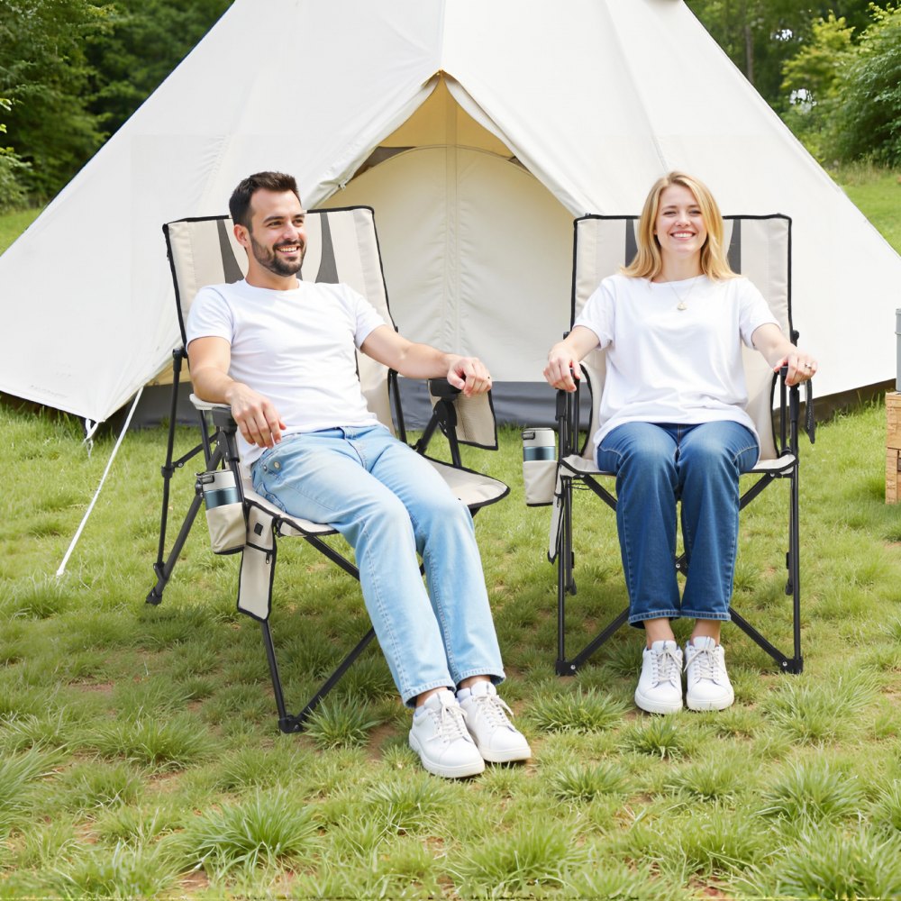 VEVOR Beheizter Campingstuhl, 3 Heizstufen, Klappstuhl mit hoher Rückenlehne, Tragkraft 117 kg, Vollgepolsterte Strandstühle mit Armlehne & Getränkehalter, Gartenstühle für Outdoor, 58x83x140 cm