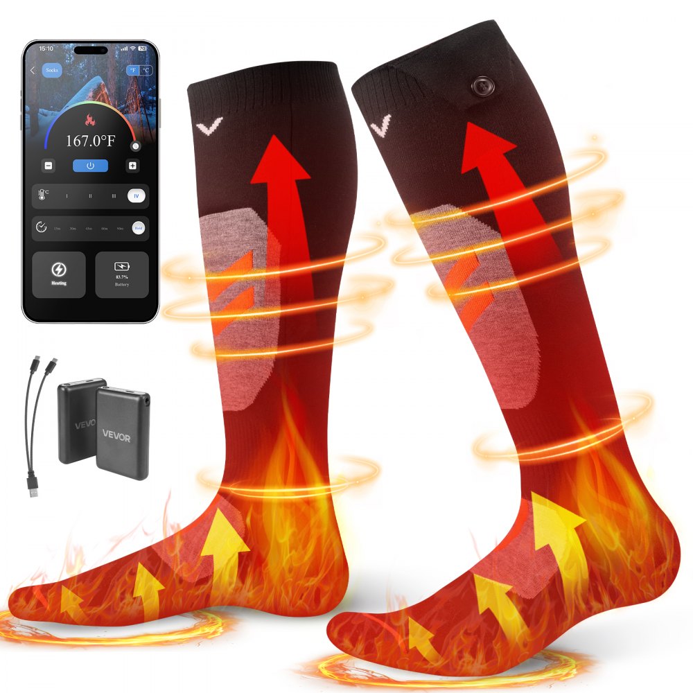 VEVOR Beheizte Socken, Größe M, 5000 mAh Akku, wiederaufladbare Heizsocken mit 4 Heizstufen und APP-Steuerung, 40 °C bis 70 °C Fußwärmer für Outdoor, Angeln, Camping, Wandern, Unisex
