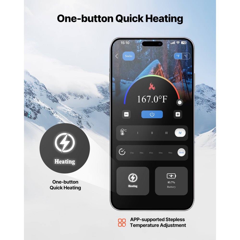 VEVOR Beheizte Socken, Größe XL, 5000 mAh Akku, wiederaufladbare Heizsocken mit 4 Heizstufen & APP-Steuerung, 40–70 ° Fußwärmer für Outdoor, Skifahren, Angeln, Camping, Unisex