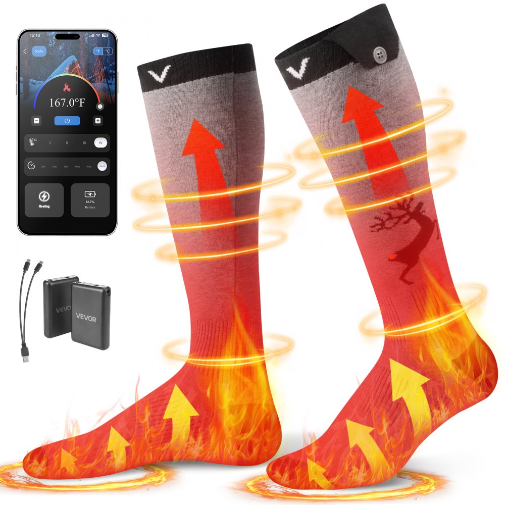 VEVOR Beheizte Socken, 6000 mAh Akkubetrieben, Wiederaufladbare Heizsocken mit 4 Heizstufen und APP-Steuerung, 40–70 °C Fußwärmer für Outdoor, Angeln, Camping, Wandern, Unisex